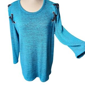 Don't Stop Believing Top Women L Teal Space Dye Lace Up Shoulder Knit Shirt Marl